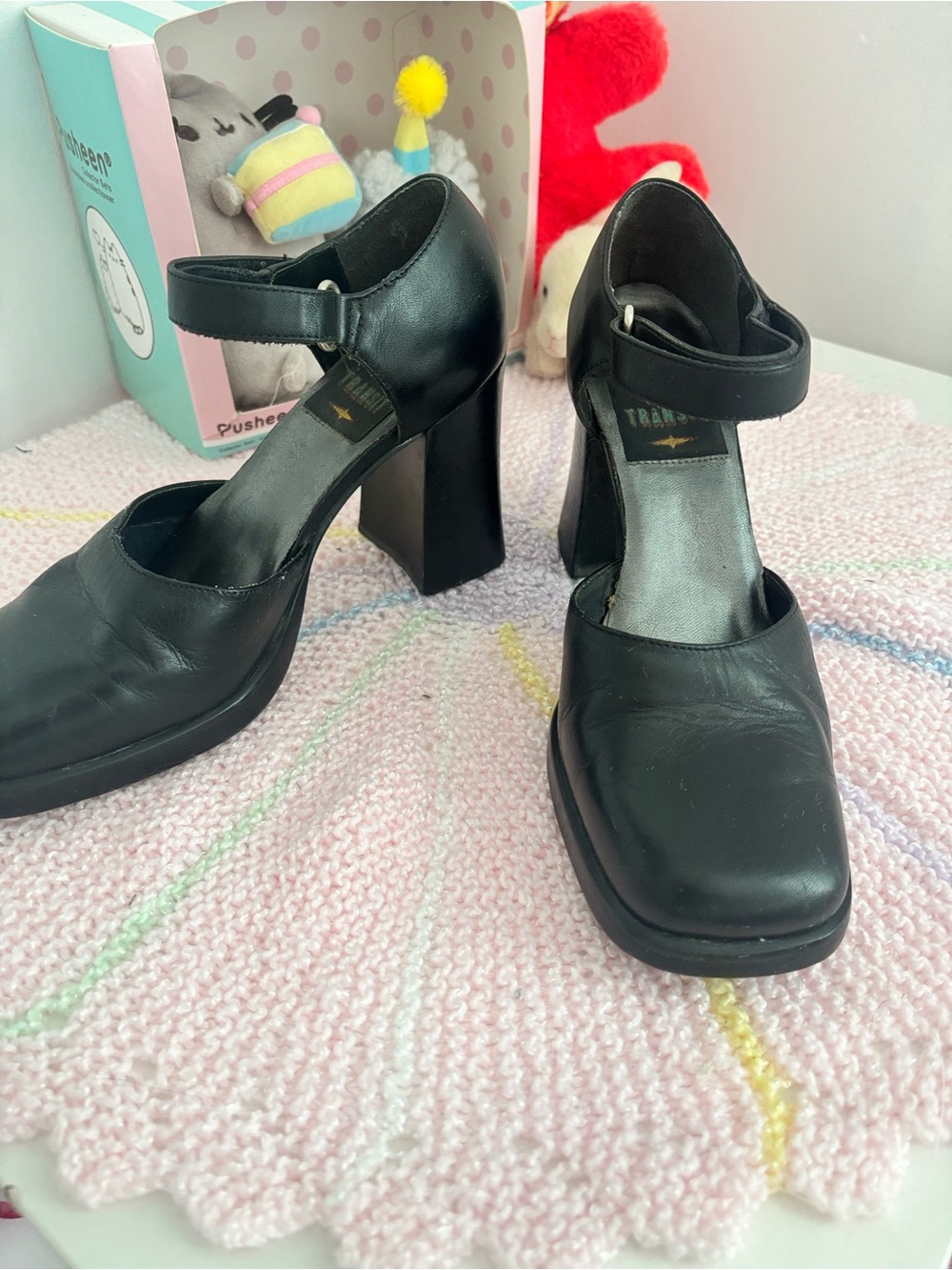 Vintage 90s TRANSIT Black Leather Chunky Mary Jane Heels Square Toe Block Heel - Picture 2 of 4